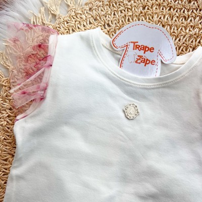Conj. Blusa com Mini Brasão e Short Saia Floral em Tule - Off White e Rose